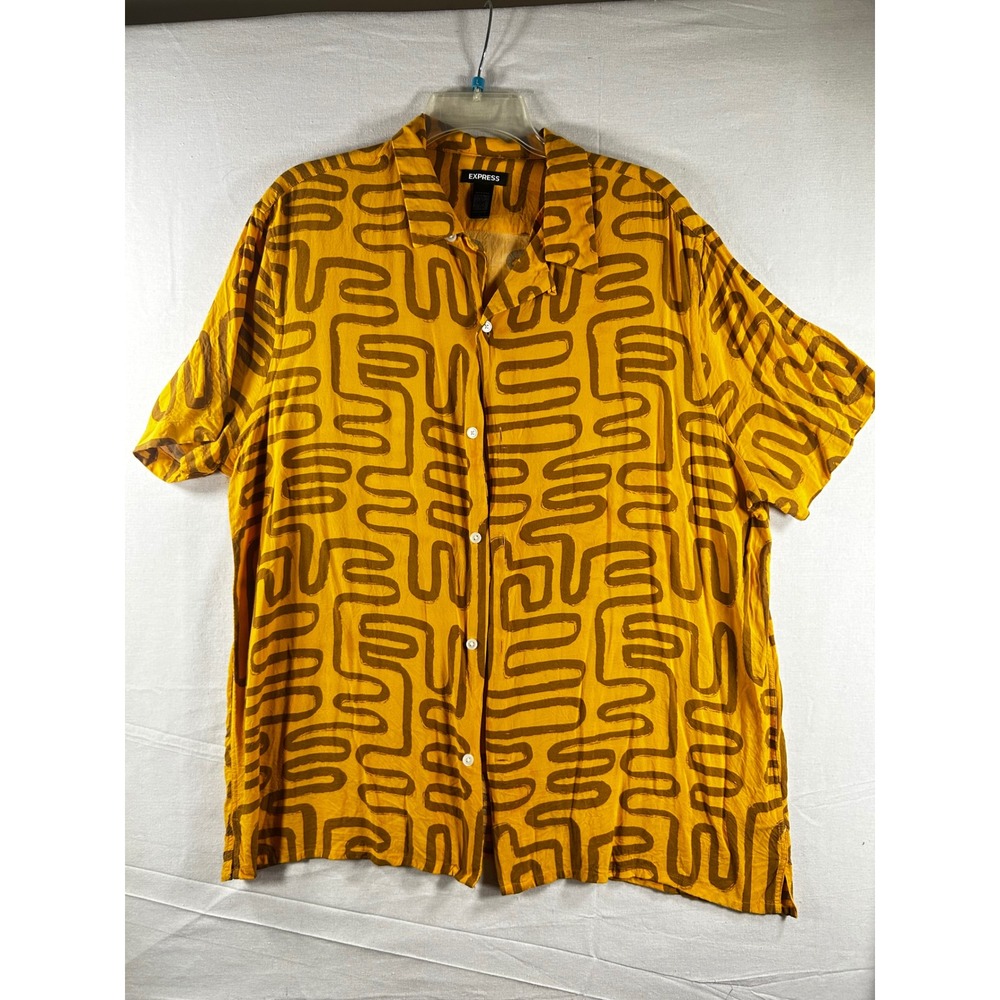 Express Conscious Edit Mens XL‎ Yellow Abstract Maze Print Viscose SS Button Up